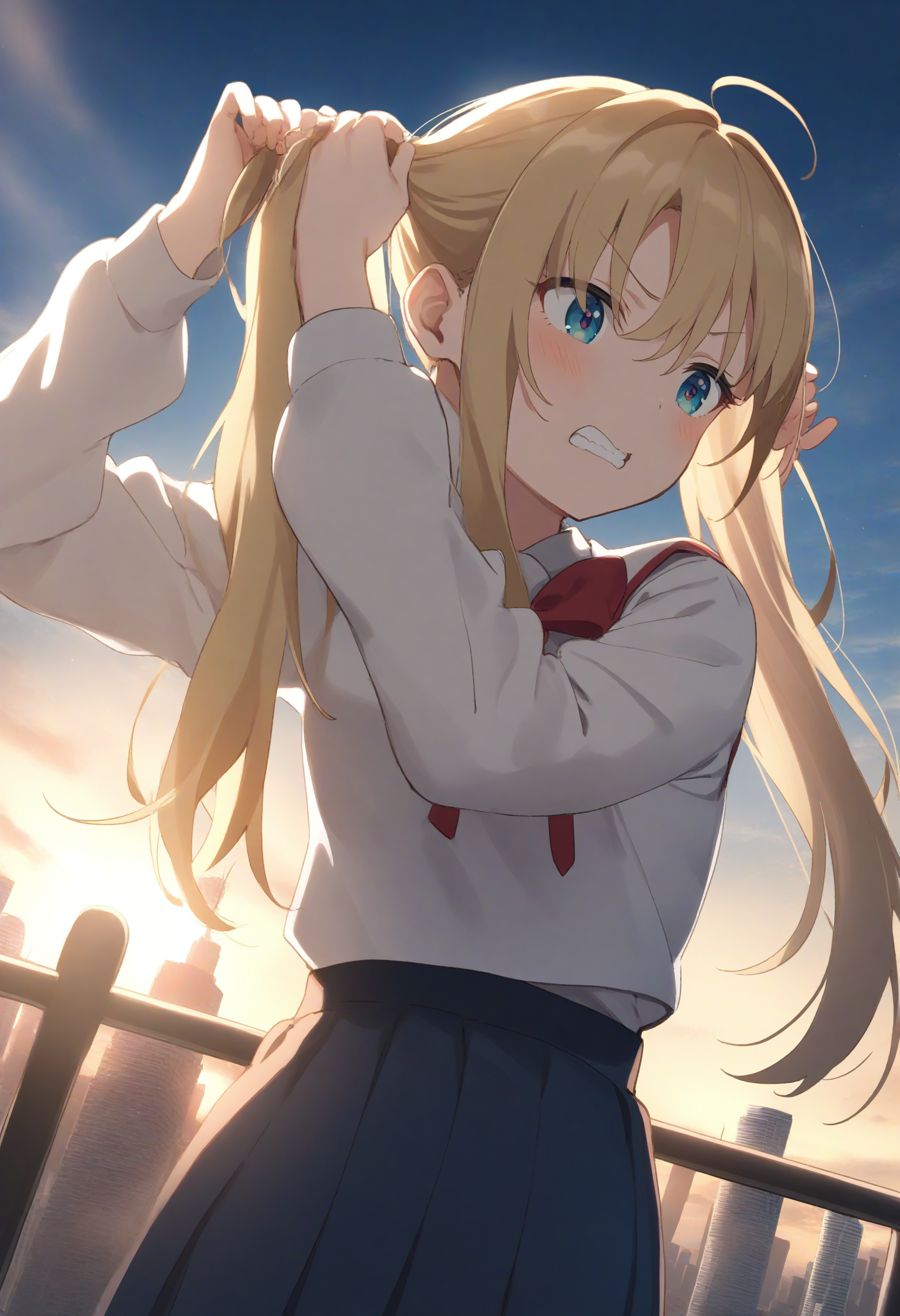 1girl,sincos, ningen mame, toosaka asagi,solo,medium breasts,school uniform,
tying hair,twintails,<lora:tyinghairtwintails_XL_v1:0.8>
dutch angle, fisheye lens, looking down, blonde hair, silver eyes,clenched teeth, Toronto city, open mouth,
best quality, very aesthetic, absurdres