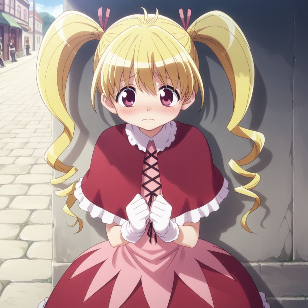 score_8, score_9, break, bisky_k, blonde hair, long hair, twintails, capelet, dress, gloves, adorable, shy, blush, outdoors, sunlight, shadows, natural lighting