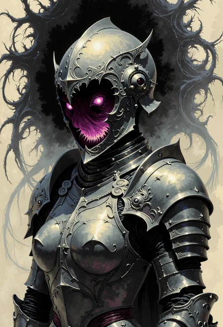 A hauntingly cinematic pen and ink character portrait in a dark gothic fantasy horror style, set against a chaotic abstract background of swirling, expressive brushstrokes in deep blacks and grays. The subject is a female knight in ornate, intricately detailed gothic-inspired armor, her helmet's visor lifted to reveal a horrifying void within, a swirling, formless darkness that seems to pulse with an otherworldly energy. The knight's pose is slightly tilted, as if caught mid-movement, her armor gleaming faintly with subtle, otherworldly highlights that contrast starkly against the oppressive shadows. The overall composition is highly detailed, with a focus on dramatic lighting and shadows, creating a sense of eerie tension and foreboding mystery., soft pastel anime, in the style of ck-ovf, ck-70scf,.,Pen and ink, dark gothic fantasy horror, cinematic character portrait, chaotic abstract background, dark swirling brushstrokes, ornate armor, female knight, void face, intricate details, high contrast, eerie lighting, dynamic pose, otherworldly energy, gothic-inspired design, subtle highlights, oppressive shadows, dramatic shadows,, soft pastel anime, in the style of ck-ovf, ck-70scf,.,<lora:Soft_Pastels_Anime_-_FLUX:0.335> soft pastel anime,<lora:dark_fantasy_flux:0.385><lora:ck-OneViolentFantasy-000021:0.42> in the style of ck-ovf,<lora:ck-70sScifi:0.523> ck-70scf