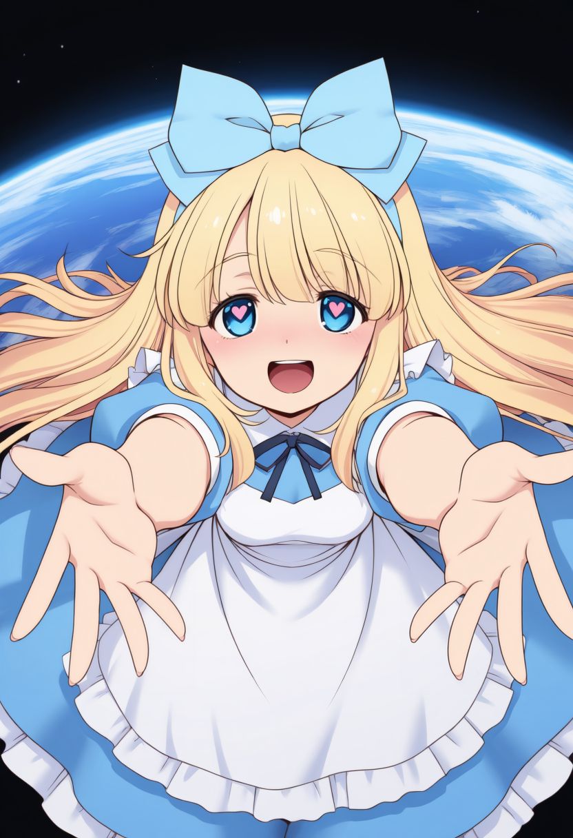 (anime coloring:1.8), (anime screencap:0.5), (masterpiece, best quality, newest, absurdres, highres), official art, official style, colorful,
black background, earth \(planet\), space, wide shot, 
indoors, light blue bow, 
1girl, alice \(alice in wonderland\), 
carry me, heart-shaped pupils, 
solo,
arms up,posing, 
light blush, open mouth, heart, smile, blush, open hands, 
 from above, (close-up, )
incoming hug, 
looking at viewer, 
 <lora:Tomoki_Tomonori_ともきとものり_Style__Illustrious-XL:0.8> tomoki tomonori,