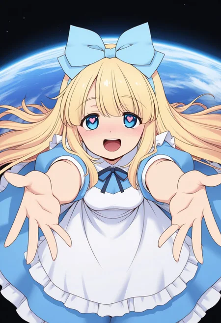 (anime coloring:1.8), (anime screencap:0.5), (masterpiece, best quality, newest, absurdres, highres), official art, official style, colorful,
black background, earth \(planet\), space, wide shot,
indoors, light blue bow,
1girl, alice \(alice in wonderland\),
carry me, heart-shaped pupils,
solo,
arms up,posing,
light blush, open mouth, heart, smile, blush, open hands,
from above, (close-up, )
incoming hug,
looking at viewer,
<lora:Tomoki_Tomonori_ともきとものり_Style__Illustrious-XL:0.8> tomoki tomonori,