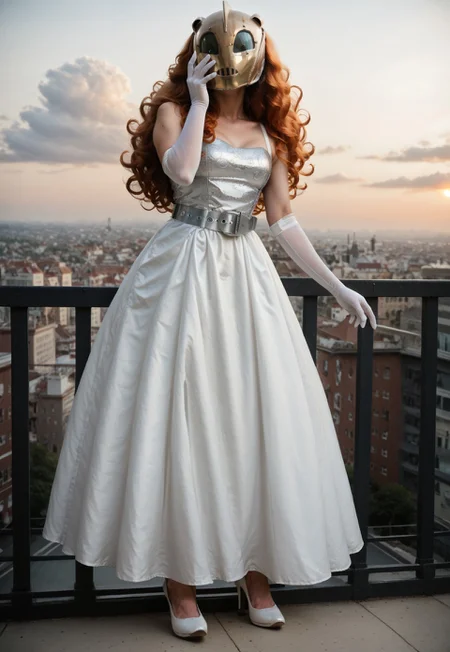 score_9, score_8_up, score_7_up,1girl, solo, tank top, rating_safe, realism, film,
(d4rk3r1n wearing rocketeer helmet, silver rocketpack) belt, harness, covered face,
BREAK
solo, high quality, 4k, standing, white strapless dress, long dress, white elbow gloves, standing on rooftop, railing, white high heels, full body, glamour shot, sunset, holding gun, Mauser C96, orange hair, wavy hair:0.5, very long hair, mysterious woman, incredibly lifelike, zeppelin in the sky