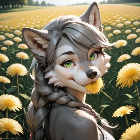 score_9, score_8_up, score_7_up, score_6_up,  female Anthro, White Cheeks, gray fur, green eyes, beautiful eyes, wolf tail, Gray Long Hair, Swept Bangs, Gray Twinbraids, on field, dandelion in mouth, yellow dandelion flower, biting dandelion, sideview, smile