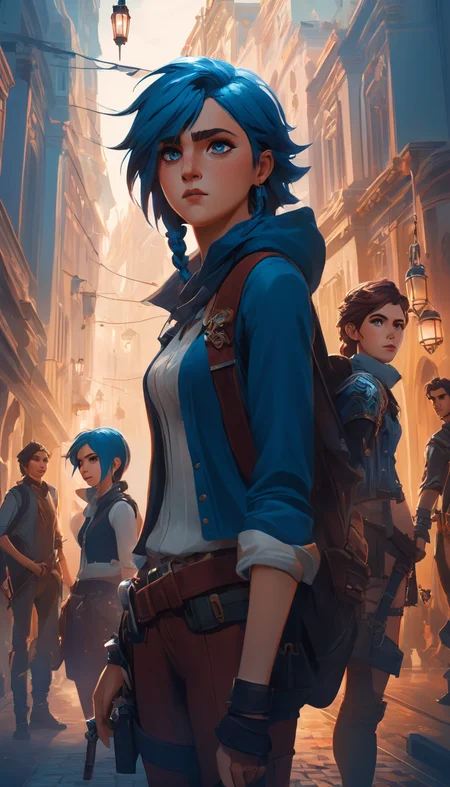A group of adventurers exploring the city streets, extremely beautiful detailed piercing eyes, cinematic scene, scenery, detailed background, masterpiece, best quality, high quality, highres, absurdres, very detailed, high resolution, sharp, sharp image, 8k, vivid, colorful, stunning, arcane style <lora:arcance_style_xl_v1:1>