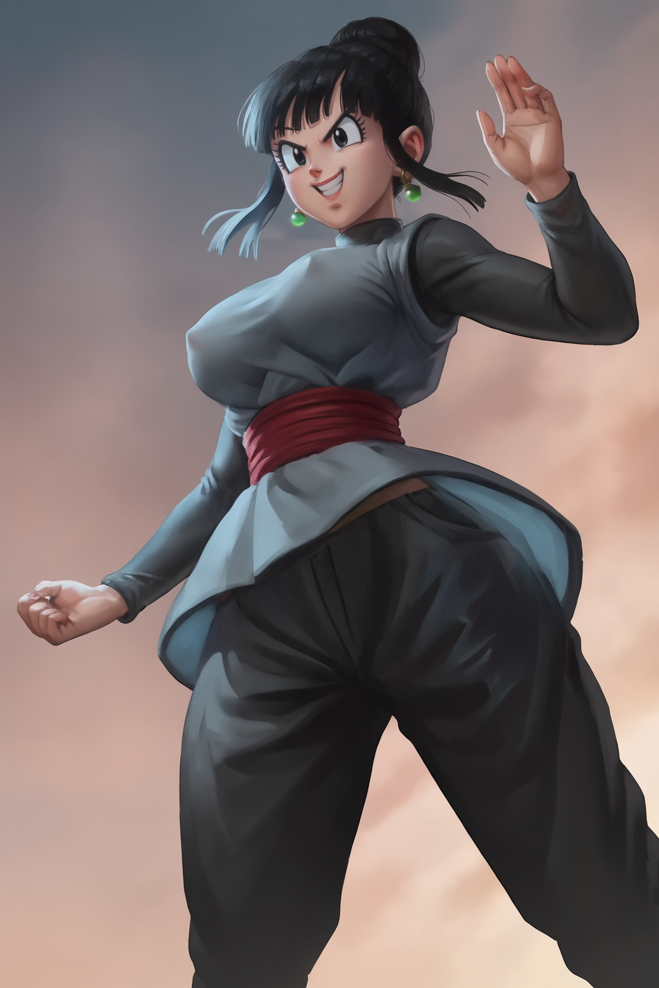 source_anime, score_9, score_8_up, score_7_up, anime screencap, absurdres, official style,
chi-chi black, 
hair bun, 1girl, solo, black hair, bangs, sidelocks, black eyes, eyelashes, open mouth, smile, potara earrings, dougi, black topwear, black undershirt, long sleeves, turtleneck, red sash, black pants, looking at viewer, from below, wind lift, arm by side, v-shaped eyebrows, cloudy sky, teeth, large breasts, hand focus, nipples visible through clothing
<lora:chichiDBS_pony_v1:0.8>