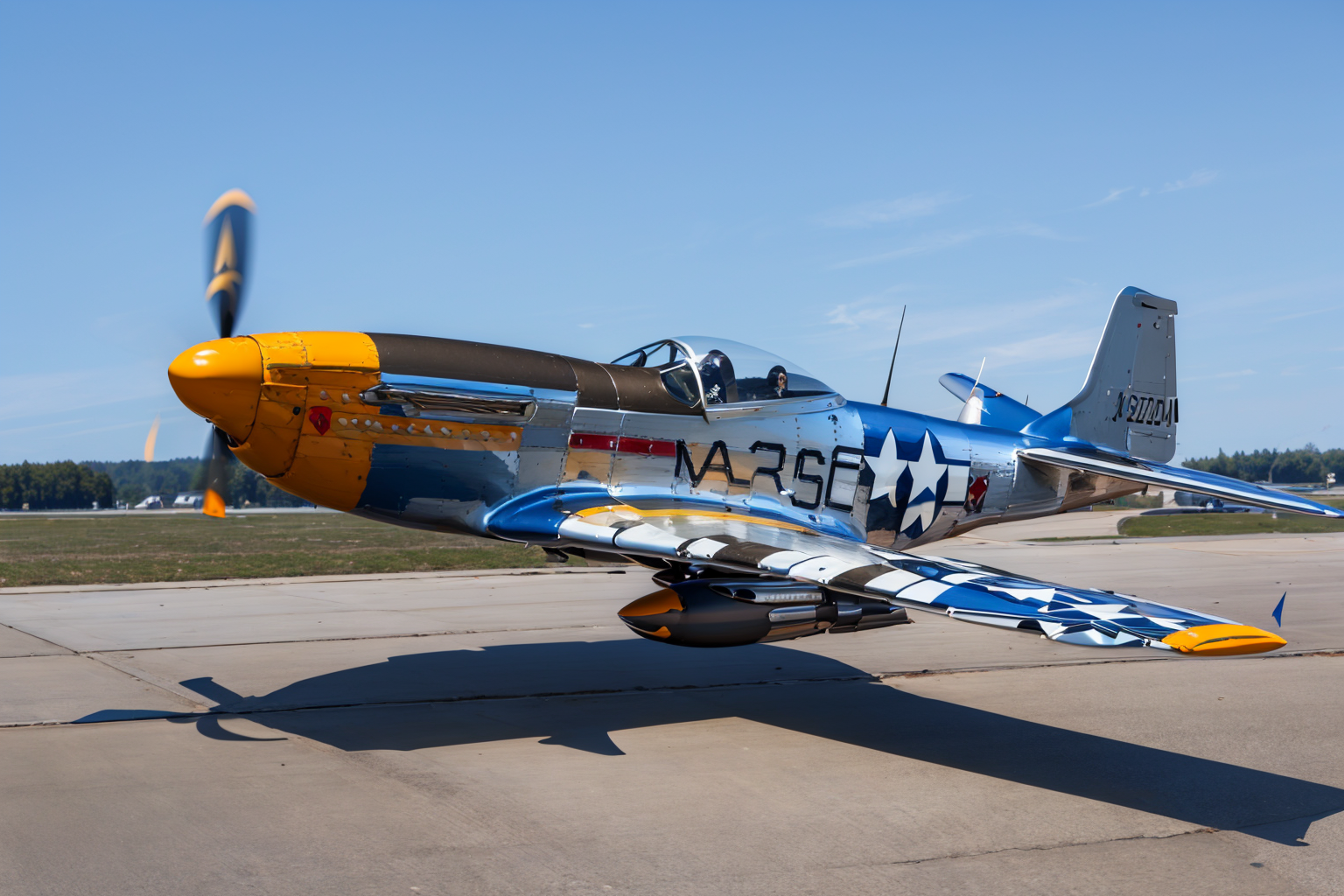 (masterpiece, best quality:1.2), ultra-detailed, flying through a blue sky P-51Mustang, (realistic:1.5), <lora:EdobP51Mustang_v1.0:0.8>
