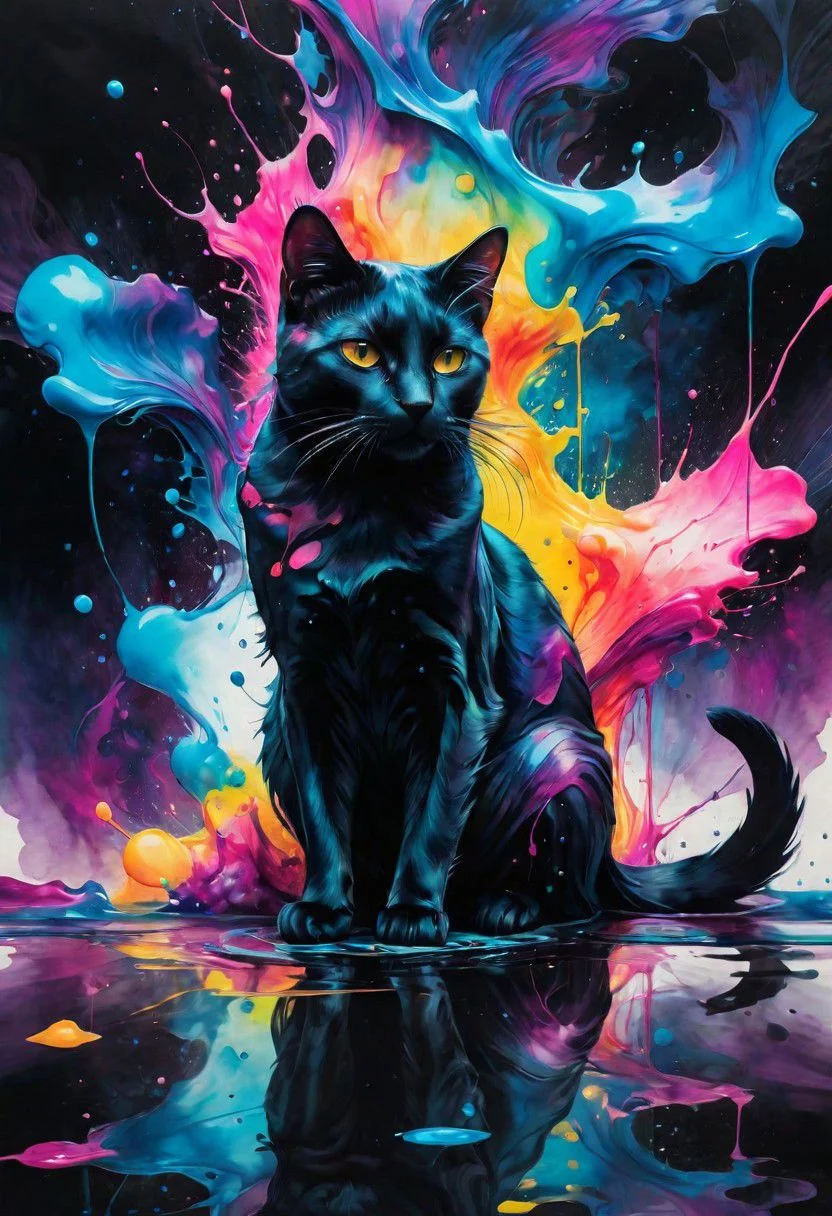 amazing watercolor painting award winning, ((masterpiece)), ((best quality)), ((detailed)), Unparalleled, ((Enchanting)), ((Impressive)), a black cat sitting on top of a reflective surface, cyberpunk art, inspired by Dan Mumford, furry art, details and vivid colors, electric wallpaper, beeple and jeremiah ketner, multicolored vector art, intricat, in a painting of a cat, full res psychedelic therapy, trending on ArtStation, ink splatters, pen lines, incredible detail, creative, positive energy, happy, unique, negative space, pure imagination painted by artgerm ,Surreal Harmony, yamer style, SLPASHTER_3-7000, Gorgeous splash of vibrant paint, paintmgc, colorful paint, Colorsplash