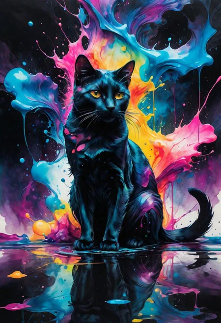 amazing watercolor painting  award winning, ((masterpiece)), ((best quality)), ((detailed)), Unparalleled, ((Enchanting)), ((Impressive)), a black cat sitting on top of a reflective surface, cyberpunk art, inspired by Dan Mumford, furry art, details and vivid colors, electric wallpaper, beeple and jeremiah ketner, multicolored vector art, intricat, in a painting of a cat, full res psychedelic therapy, trending on ArtStation, ink splatters, pen lines, incredible detail, creative, positive energy, happy, unique, negative space, pure imagination painted by artgerm ,Surreal Harmony, yamer style, SLPASHTER_3-7000, Gorgeous splash of vibrant paint, paintmgc, colorful paint, Colorsplash