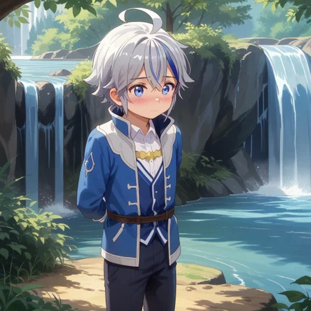 score_9, score_8, score_7, break, solo, cain_vs, 1boy, streaked hair, ahoge, blue eyes, jacket, shirt, pants, cute, shy, blush, hands behind back, waterfall, natural lighting