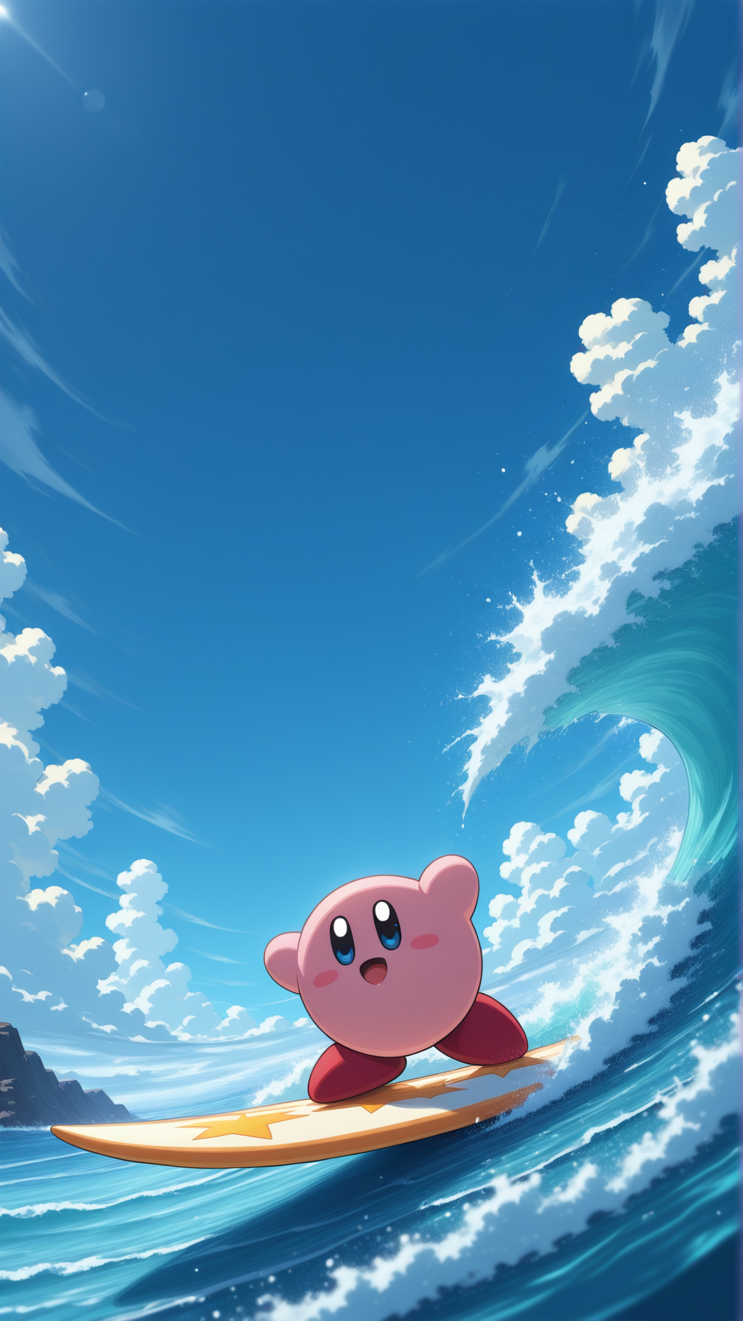 Kirby surfing while balancing on a star-shaped surfboard without any gear 80s anime style pastel colors soft morning glow spherical form with determined expression mid-inhale pose 