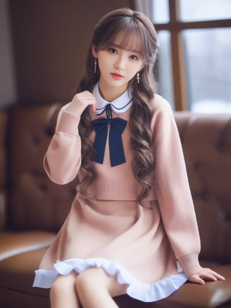 masterpiece, best quality, girl, long hair, looking at viewer, brown cardigan , frilled socks, hair_bow, bowtie, in winter, blush, sweater dress, ,<lora:sl_sila:0.8>