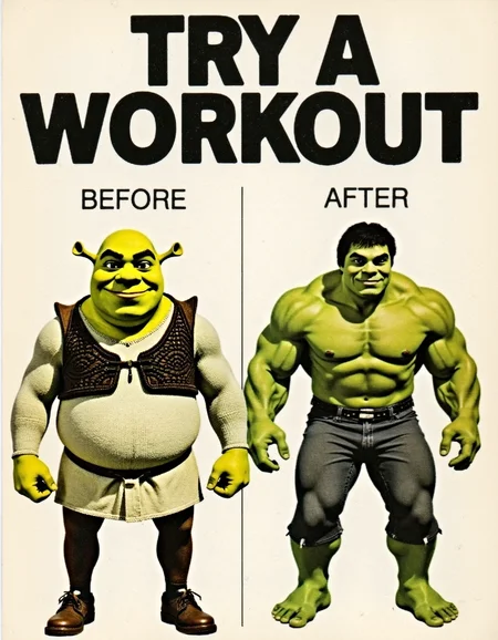vintage 'before & after' ad. The headline reads "TRY A WORKOUT" in bold typography. The ad features a dramatic before-and-after comparison. The "BEFORE" image shows Shrek. In the "AFTER" image, is Hulk.