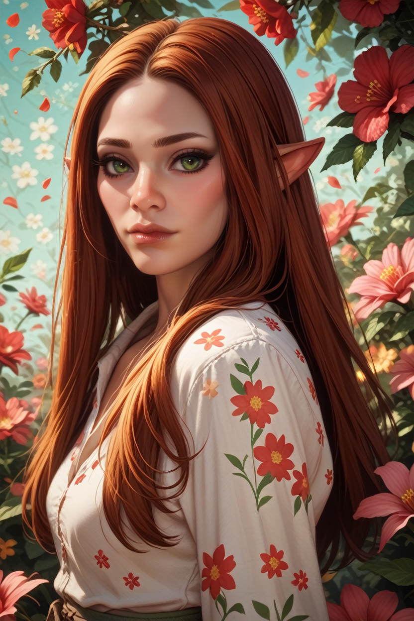 score_9, score_8_up, score_7_up, score_6_up
<lora:DVFRook:0.8>
DVFRook, 1girl, pointy ears, red hair, long hair, green eyes, looking at viewer, in spring,seasonal flower,seasonal background,flower background, posing
