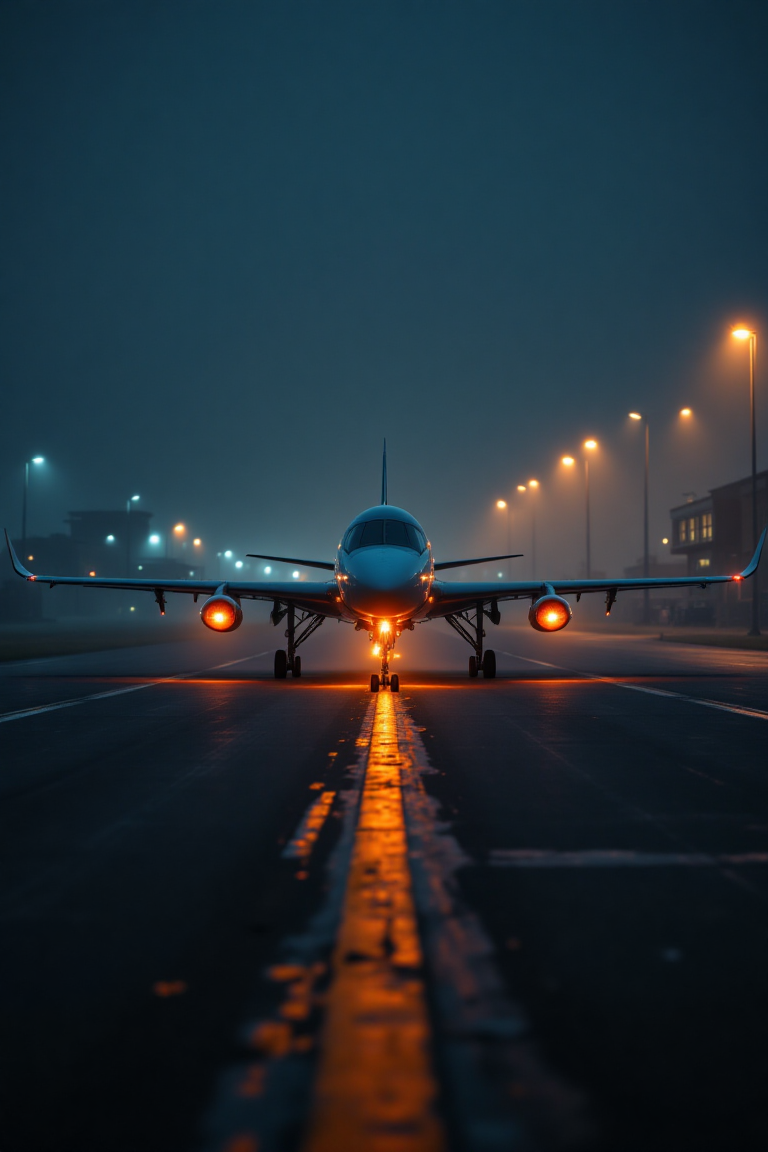 "Generate a highly detailed image of a fictional aerial vehicle landing on a real airport runway during a foggy night. The airport runway should be meticulously crafted, including runway lights, airport buildings, and ground support equipment. The aerial vehicle must exhibit a unique and aerodynamic design, as if constructed from lightweight, high-strength materials. The orange light should be reflected from the runway lights and the vehicle's landing lights, creating a warm, inviting glow. A thick fog should blanket the runway, obscuring distant objects and creating a sense of isolation."