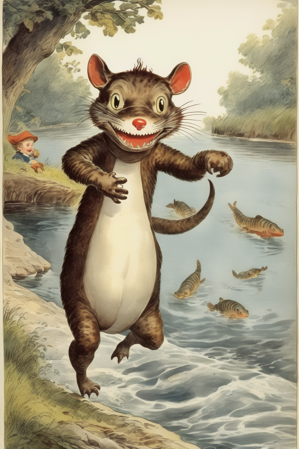 <lora:Randolph Caldecott Style:1>Randolph Caldecott Style - Never in his life had he seen a river before, this sleck, sinuous, full bodied animal, chasing and chuckling, gripping things with a gurgle and leaving them with a laugh, to fling itself on fresh playmates that shook themselves free, and were caught and held again