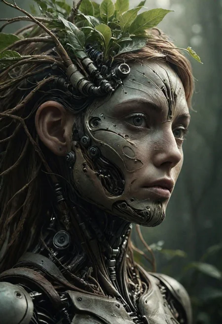 Craft a descriptive prompt for a photograph featuring Mother Nature embodied as a fusion of plant life and sci-fi cyborg elements, expressing concern as she gazes upon an image of a human.
very detailed, atmospheric haze, Film grain, cinematic film still, shallow depth of field, highly detailed, high budget, cinemascope, moody, epic, OverallDetail, gorgeous, 2000s vintage RAW photo, photorealistic, candid camera, color graded cinematic, eye catchlights, atmospheric lighting, skin pores, imperfections, natural, shallow dof