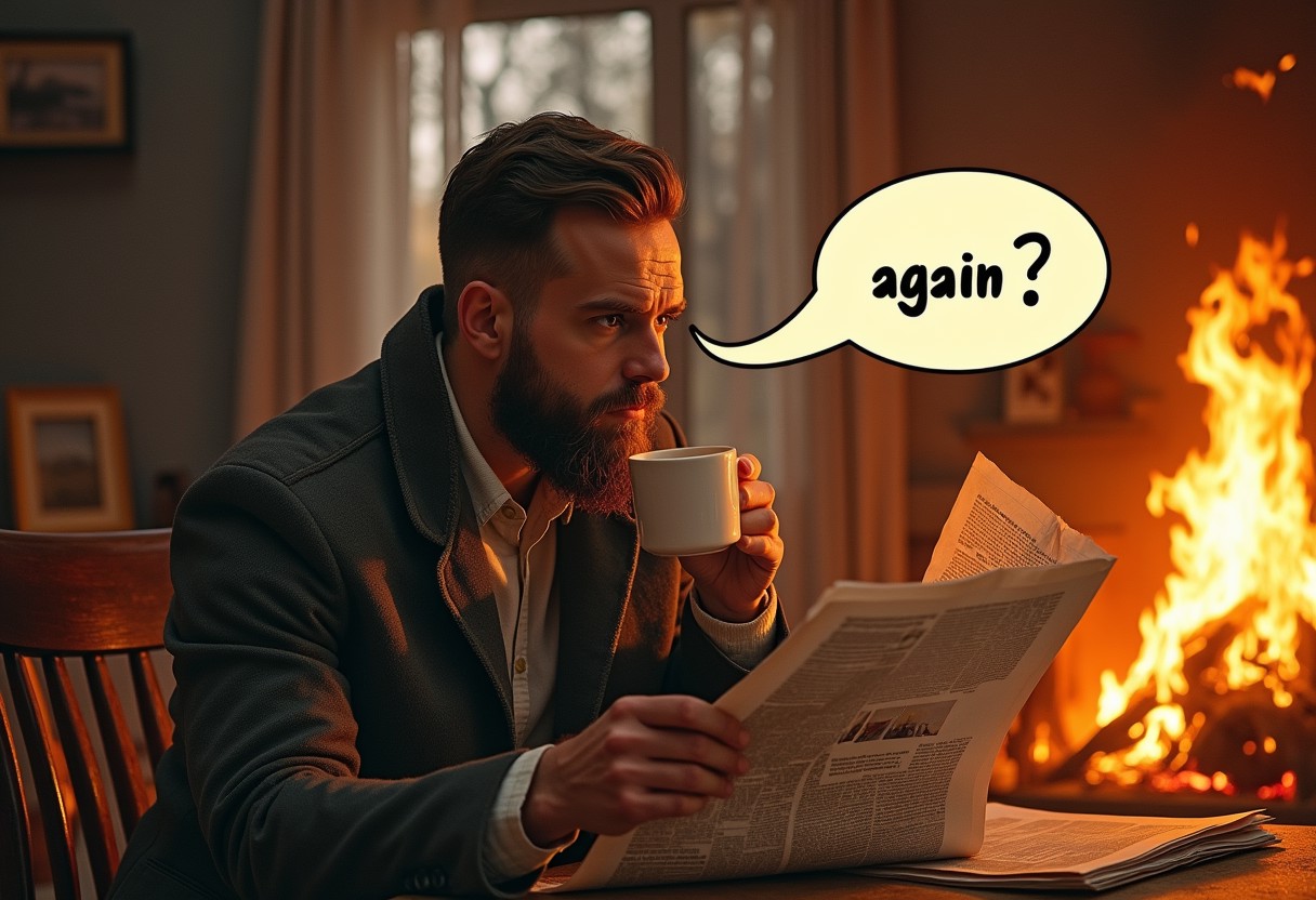 a man with a newspaper drinks coffee in a burning house, distracted from reading the newspaper, a monologue bubble with the text "again?"