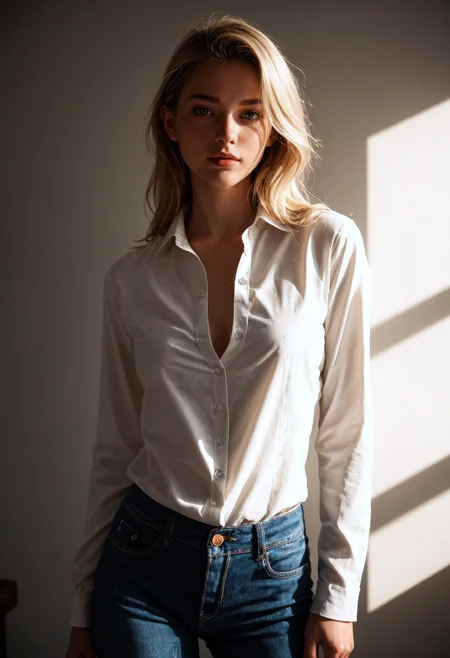 score_9, score_8_up, score_7_up, high fashion photography photo of a Dutch woman, straight blonde hair, long sleeve button-up shirt and jeans, high-quality, super-detailed, in the style of dark cinematic fine-art portraits, dramatic lighting, soft shadows, rich textures, moody atmosphere