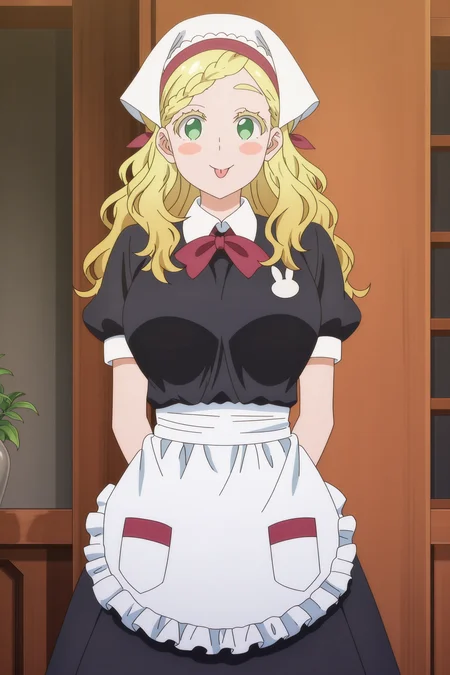 anime screencap, anime coloring, detailed face, masterpiece, best quality, very aesthetic, absurdres, volumetric lighting, official style, amazing quality, ultra detailed, highres, amazing quality, scenery, beautiful detailed hair, beautiful detailed eyes,
<lora:StS-Illustrious-Detail-Slider-v1.0:4>
indoors, girl is 18 years old,
<lora:Carol_Olston_Tomo-chan_is_a_Girl_-_Illustrious_V3:1> Olston (character), 1girl, solo, blonde hair, wavy hair, blonde eyebrows, long hair, large breasts, blush stickers,
Carol work uniform (outfit), pantyhose, apron, black pantyhose, braid, dress, bow, waist apron, wavy hair, puffy sleeves, cowboy shot,
happy girl, :p, sticking out tongue at viewer, playful expression