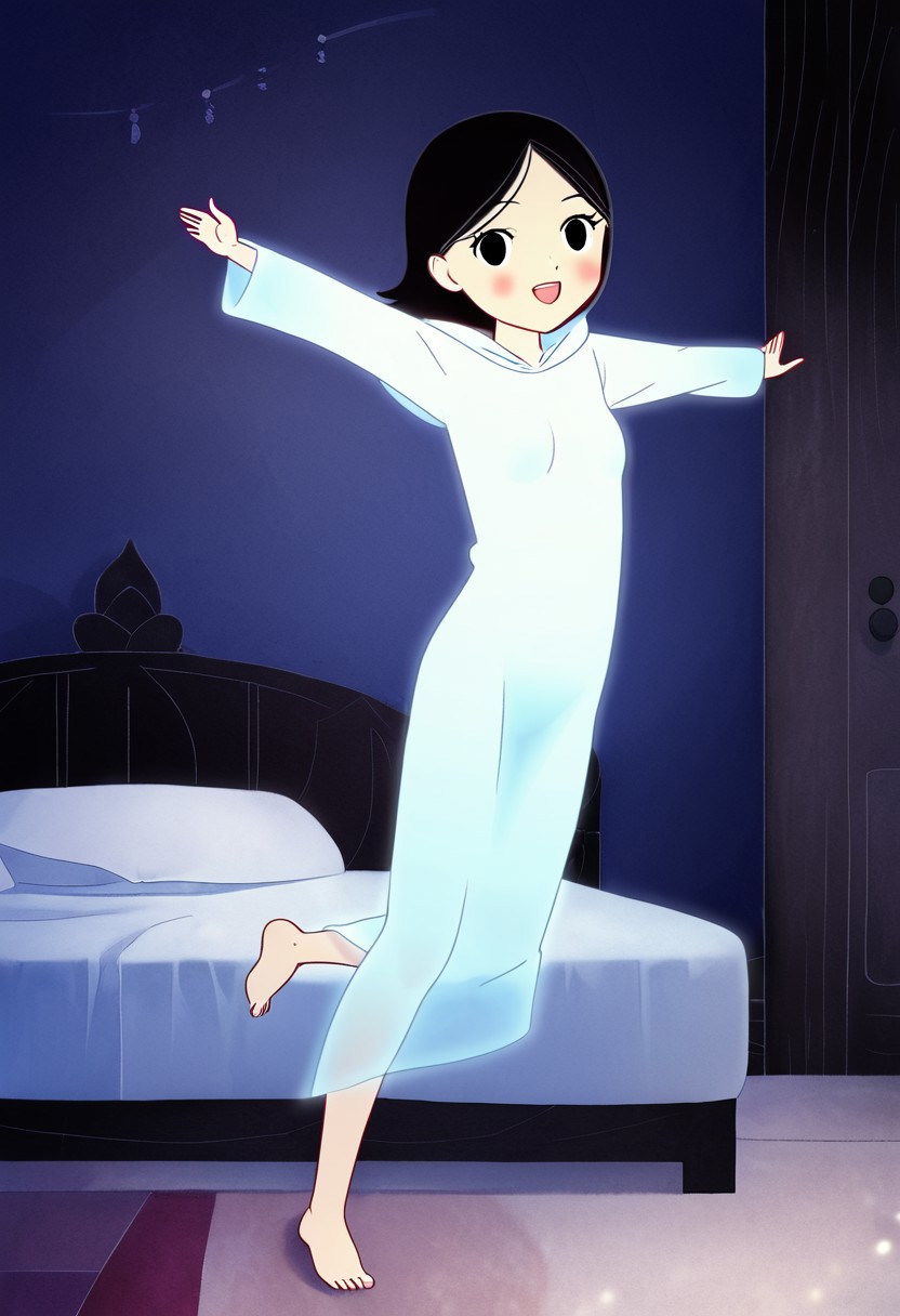 zPDXL3, source_cartoon, Perfect Hands, full body,
1girl, solo, aged down, bedroom, looking at viewer, saoirse, black hair, black eyes, blush, ghost, hood up, robe, barefoot, glowing, dancing on bed, from behind, facing at viewer, feeling cold, eyes open, smile, open mouth, sleeve past wrist, slim body, highlight cloth wrinkle, anime style, kicking, jumping,
<lora:Perfect Hands:1>  <lora:Saoirse_-_The_Song_of_the_Sea-000009:1>