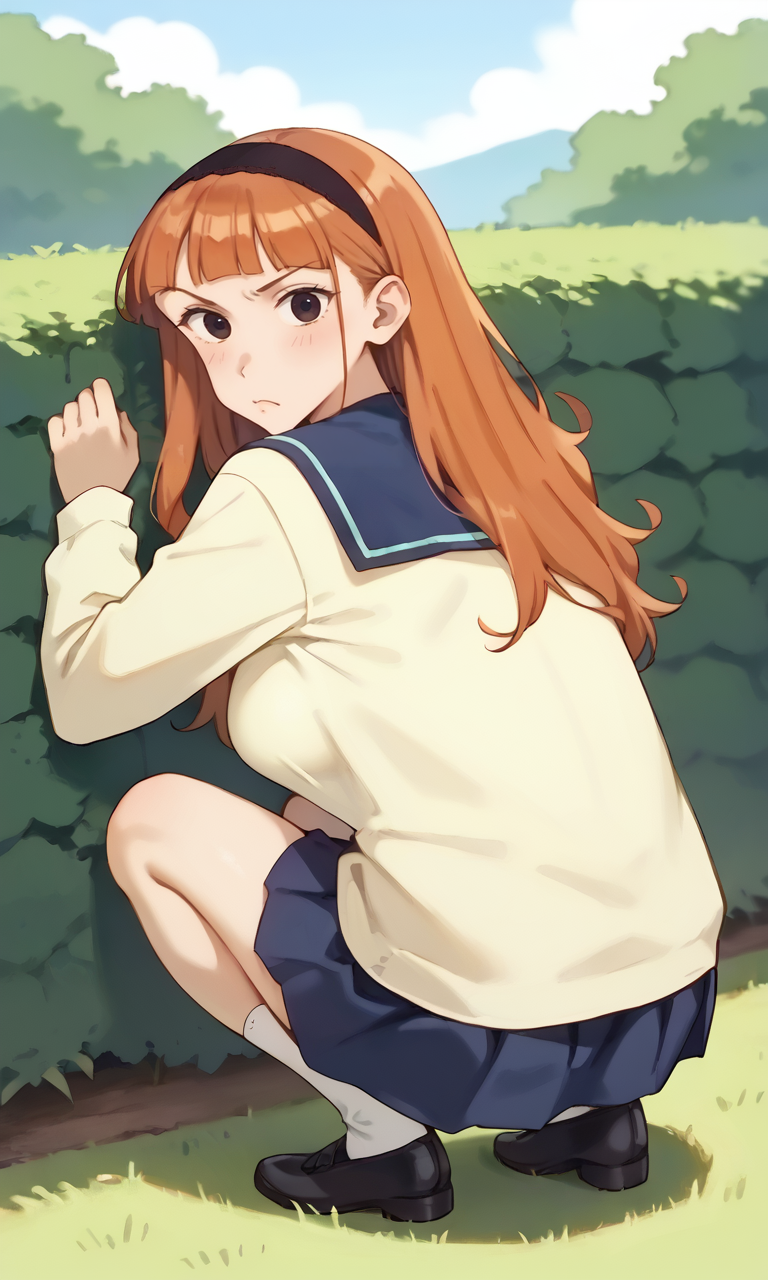 (1girl:1.5), (solo:1.3), (score_9, score_8_up, score_7_up, score_6_up, score_5_up, score_4_up), (source_anime), rating_questionable, (upper body:1.3), blue sky,  outdoors, (bush, peeking out, hiding in the grass and observing:1.5), 
(yellow sweater, oversized clothes, long sleeves, blue sailor collar, green bowtie, blue skirt, pleated skirt, miniskirt, white socks, black footwear), (large breasts), <lora:mari-classmate-orange_v1:0.9> (mari-classmate-orange), (black eyes, eyelashes, orange hair, long hair, curly ends hair, voluminous hair, blunt bangs, no sidelocks, black simple hairband, frown, angry),
 (looking back:1.3),squatting,