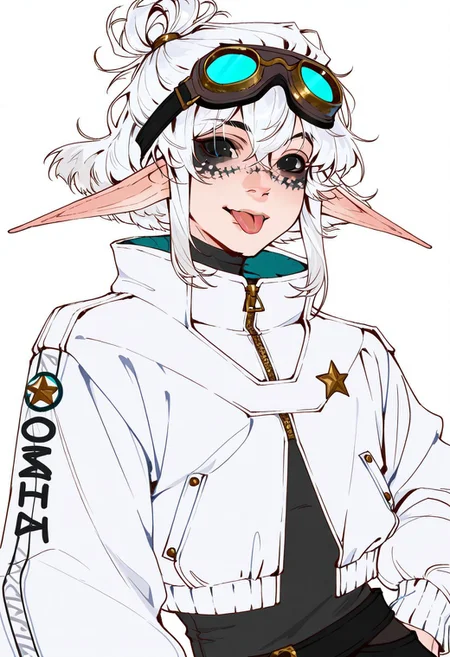 best quality, detailed face, detailed eyes
masterpiece, best quality, very aesthetic
by val
\
1boy, :p, alien, black eyes, goggles, goggles on head, jacket, long sleeves, looking at viewer, male focus, open jacket, pointy ears, sleeves past wrists, solo, star \(symbol\), tongue, tongue out, upper body, white background, white hair, white jacket, zipper
