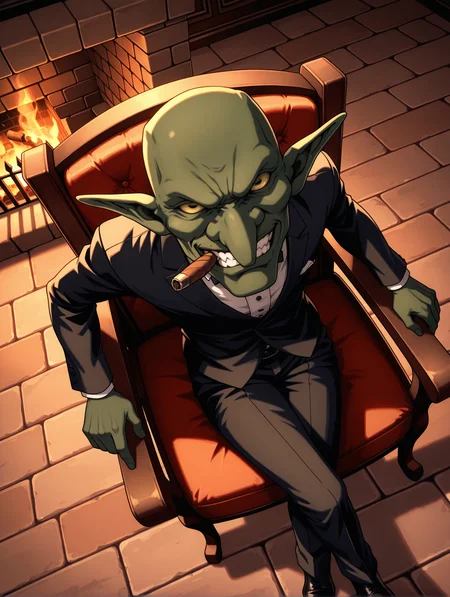 masterpiece,best quality,newest,
solo,
1boy,<lora:gob_ilxl_v1.3:1>,Gob,
<lora:Fixhands_anime_bdsqlsz_V1:1>,looking_at_viewer,cigar,tuxedo,sitting_on_chair,fireplace,crossed_legs,dynamic_angle,cinematic_angle,grin,white_background,from_above,from_side,