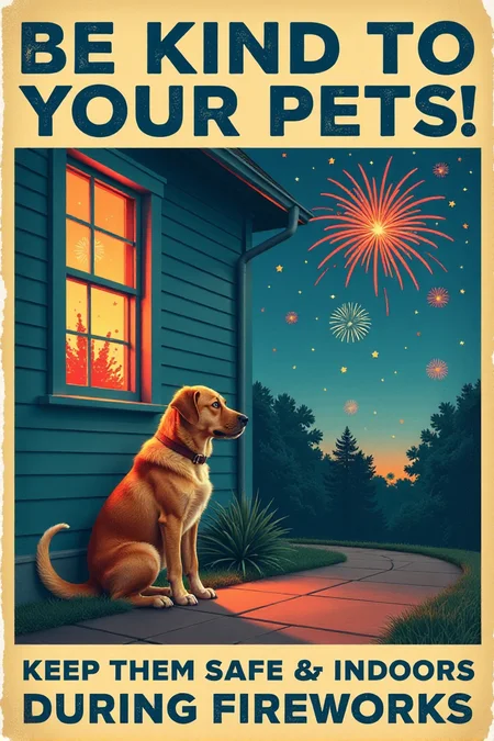 A vintage-style poster featuring a sad-looking dog cowering inside a house with closed windows, while colorful fireworks explode safely in the distance outside. The text in a gentle, blue font reads: "BE KIND TO YOUR PETS! Keep Them Safe and Indoors During Fireworks." Emphasize the importance of animal safety during celebrations. <lora:REMEs_War_Poster_Style:0.95> In REME's War Poster Style,âââ