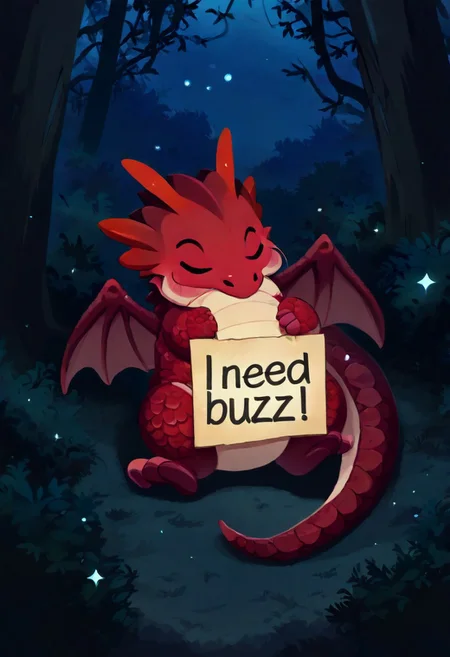 best quality, amazing quality, very aesthetic, absurdres, high quality, masterpiece, source anime,
pikaole, cute, animal focus,
solo, baby dragon, red scales, sleeping, curled up, under tree,
need_buzz, holding sign that says "Need Buzz",
outdoors, night, detailed background,
