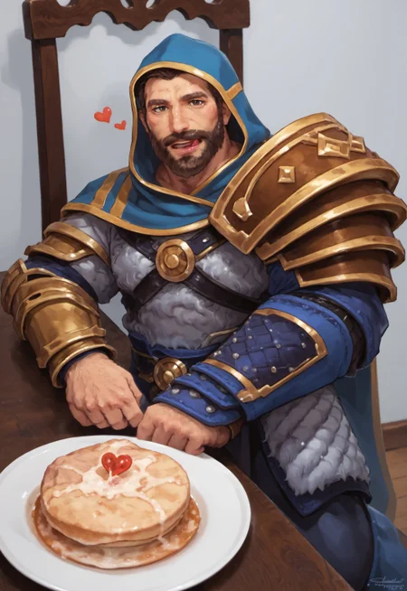 safe_pos, safe_pos, safe_pos, score_9, score_8_up, rating_nsfw, ultra hd, absurdres, best quality, masterpiece, masculine, solo, 1male, male focus, best anatomy, best eyes, best hands, sexiest man alive, erotic, gay porn, hand with five fingers, mature male,
SmiteUllr, two-tone facial hair, brown hair, beard, armor, blue hood, chair, table, looking at you, licking lips, plate Expressiveh, <3