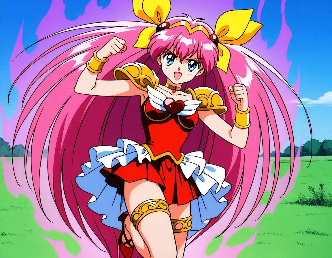 general,highres, ultra-detailed,very aesthetic,best quality ,best hands,  BREAK <lora:Hanasaki_Momoko_IS:1>Hanasaki_Momoko, 1girl,solo, long hair, pink hair, blue eyes, yellow bow, breasts, a, hair bow, twintails, very long hair, hair ribbon, 1990s (style),anime coloring, looking at viewer, cowboy_Shot, serious, fighting pause, kick, rider kick, aura, spark,
heart brooch, magical girl, brooch, jewelry,  open mouth, shoulder armor, thighlet, dress, armor, smile, choker, pauldrons, solo, looking at viewer, heart, skirt, high heels, bow, hairband, shoes, red footwear, bracelet, red dress, ribbon.
sky, grass,