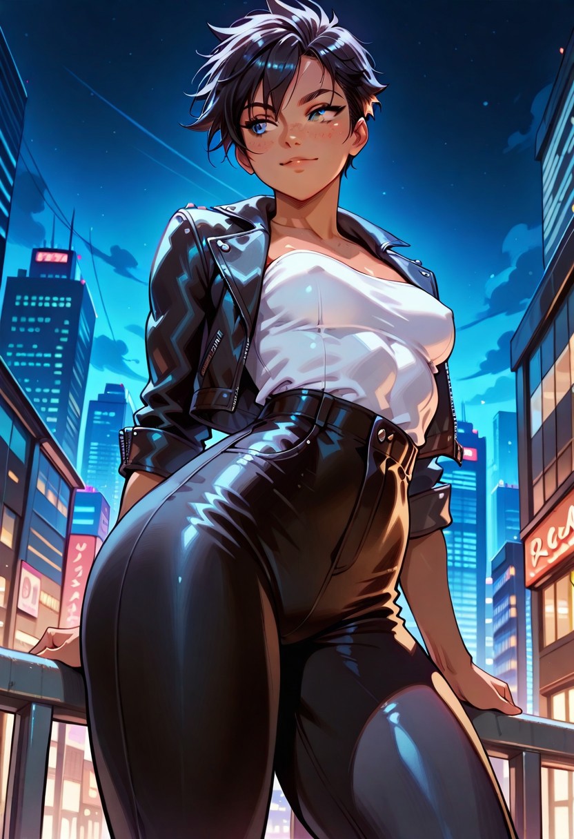 masterpiece, best quality, 32k, high resolution, absurdres, Rebecca, RebeccaRH. cute face, tomboy, short black hair, blue eyes, [freckles], tanned skin, small perky breasts, fit, toned, HD32k, aesthetic, perspective, solo, detailed, detailed eyes,sensual look, pinup pose, outdoor, city, night, city lights, wearing black leather pants, strapless white top, nipple peek, covered nipples, open leather jacket