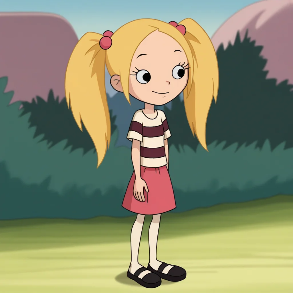 score_8_up, BREAK, sunshinepolidori, 1girl, solo, blonde hair, twintails, long hair, hair bobbles, black eyes, striped shirt, skirt, Mary janes, outdoors, full body, arms at sides, <lora:SunshinePolidori_PXL_Leaf1:1>,