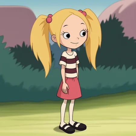 score_8_up, BREAK, sunshinepolidori, 1girl, solo, blonde hair, twintails, long hair, hair bobbles, black eyes, striped shirt, skirt, Mary janes, outdoors, full body, arms at sides, <lora:SunshinePolidori_PXL_Leaf1:1>,
