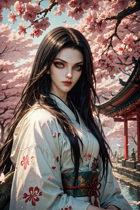 score_9, score_8_up, score_7_up, score_6_up
<lora:AliceMadness:1.0>
AliceMadness, 1girl, black hair, long hair, green eyes, looking at viewer, in a traditional kimono, surrounded by cherry blossoms