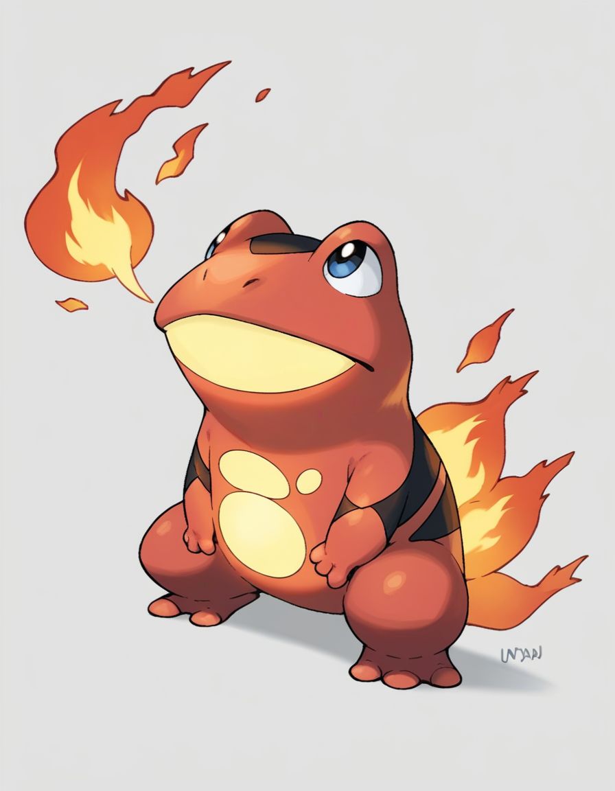score_9,score_8_up,score_7_up,   looking up, <lora:Navi_PokeDnaGen1_PonyXL_S1-000007:0.8> ,  nv-pokegen1, fire-type, glowing body, frog ,  red skin,