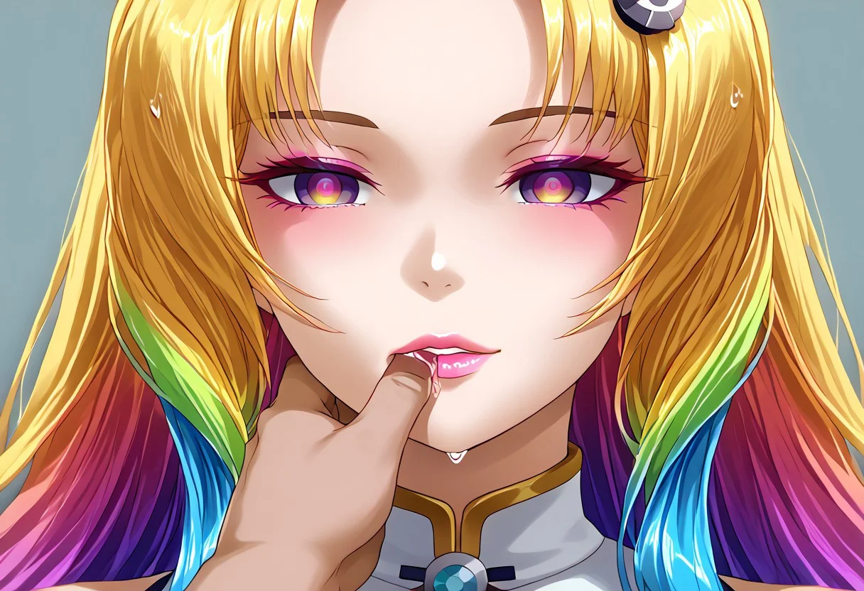 empty eyes, sa1miny, close up, hypnotized, anime, woman, adult, long hair, colorful hair, hair ornament, finger in another's mouth, lipstick, colorful lips, colorful lipstick, glossy lips, wet lips, cosmetics, eye shadow