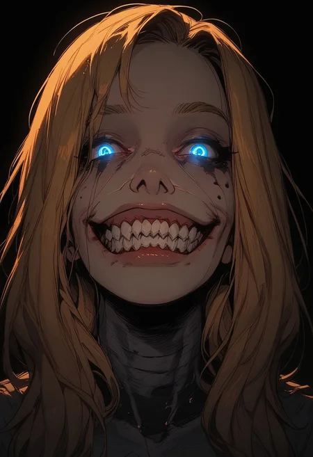 (score_9, score_8_up), score_7_up, score_6_up, volumetric lighting, BREAK, Ellie_Buckingham 1girl, solo, blue eyes, blonde hair, long hair, breasts, large breasts,
1 girl, portrait shot, close up on face, teeth, open mouth, smile, grin, sharp teeth, glowing eyes, g0thicPXL, glowing, neon,
y0u4r34lr34dyfuck3dupsm1l3, YouAreAlreadyFuckedUpSmile, sololevelingstatuesmile,
dark background, horror, partially covered in shadow
sinozick style
volumetric lighting
face half in shadow
flat color, dark theme