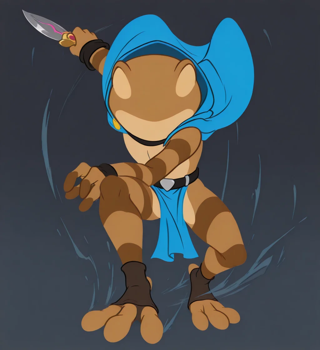 high resolution, best quality, 4k, <lora:MinimalismStyle-Illustrious-V2:1> flat color, limited palette, silhouette, no lineart, solo, male, action pose, foreshortening, holding dagger, oriental dagger, blade trail, dark teal background, <lora:Darel_-_Kulipari_IL:0.95> d4r3l, frog, brown skin, two tone skin, striped arms, striped legs, black wristbands, 3 toes, black belt, 4 fingers, black toeless socks, blue cloak, blue loincloth, <lora:DynamicPoseIL2att_alpha1.0_rank4_noxattn_900steps:1> <lora:FacelerssILv3:1> (faceless, no eyes, no nose, no mouth, no eyebrows)