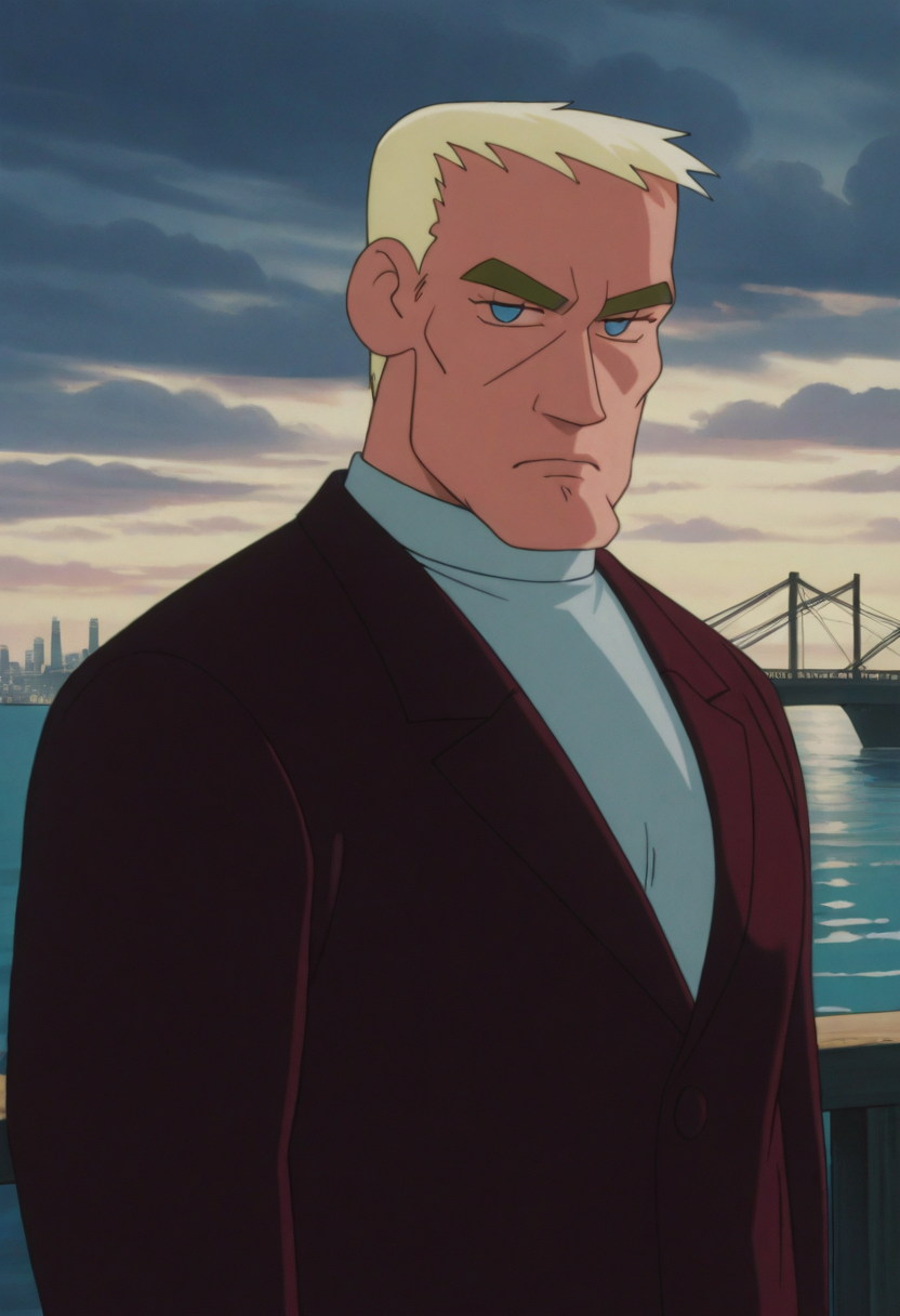 1boy, dawn, (upper body:1.5), standing, ocean, cloudy sky, ship, bridge, cityscape, serious, facing viewer,
BREAK
<lora:Hexon_from_Crayon_Shin-chan_Pursuit_of_the_Balls_of_Darkness_v1.0:1> thick arms, large pectorals,
cs97hexon, 2000s \(style\), retro artstyle, mature male, blonde hair, blue eyes, thick eyebrows,
maroon suit, turtleneck, black footwear,
BREAK
very awa, masterpiece, best quality, absurdres, newest, perfect quality, detailed background, intricate details,