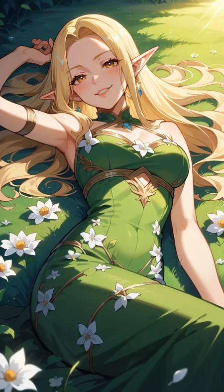 score_9, score_8_up, score_7_up, Anime Style, Portrait, girl, elf adventurer, lying down in a field of white flowers, cute, seductive, innocent, light smile:0.3, plump lips, slender body, foliage dress, looking at viewer, smug, smirk, blushing, volumetric lighting, sunbeam, soft lighting, mystical, magical, rim lighting, fantasy, sparkle, glittering, depth of field, dynamic angle, fashion photography, sharp, hyperdetailed:1.15