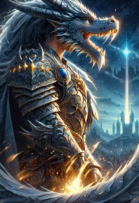 4k, high resolution, best quality, perfect colors, perfect shadows, perfect lighting, final showdown super illustration extremely detail, story of the brave, light sky, glory, supernatural existence, events when hope exists, seek more power, riding dragon with a glittering in a sparkling land, dragon riding, knight armor is strong and shiny, head covering with tails, aura of power, all range, starlight, bright moon, determinasi eyes, dashing and handsome, in light, beautiful detail, glittering, until the afterlife, feel the last time, heartbeat double exposure, an impending strong enemy, oil painting, fantasy, digital art, highly detailed, overall detail, atmospheric lighting, Awash in a haze of light leaks reminiscent of film photography, awesome background, highly detailed styling, intricate details, highly detailed, cinematic,