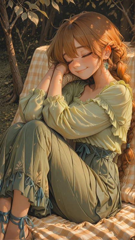 masterpiece, newest,absurdres,incredibly absurdres, best quality, amazing quality, very aesthetic,
1girl, lying on a picnic blanket in sun-dappled branch, head resting on folded arms, soft breeze lifting hem of skirt, soft green blouse with puff sleeves, wrap skirt, blue ribbons at ankles,  earrings, auburn hair in messy braid with loose strands across cheek, closed eyes, faint smile, warm light flickering through leaves, pastel grass in blur, serene and content,
 <lora:[Cygames Mobage (Hideo Minaba Yuya Nagai Ryoji Ohara)] Granblue Fantasy Art Style Illustrious_1656091:1> granbluefantasysyleil <lora:aosiai123_style:1> traditional media,  aosiai123_illu