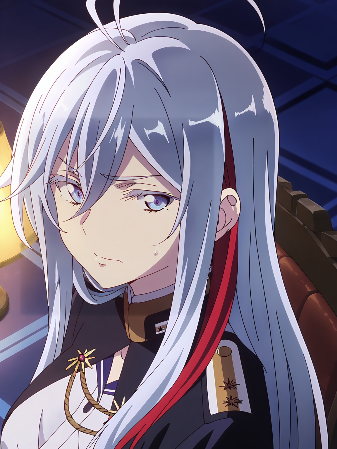 <lora:Vladilena_Milizé:0.8>, vladilena millize, 1girl, solo, blue eyes, long silver hair, ahoge, red streaks, military uniform, gold trim, white shirt, worried, closed mouth, sweatdrop, narrowed eyes, sitting on chair, turning head, looking at viewer, portrait, cropped, indoors, imperial bedroom, blue pavement, lamp light, night