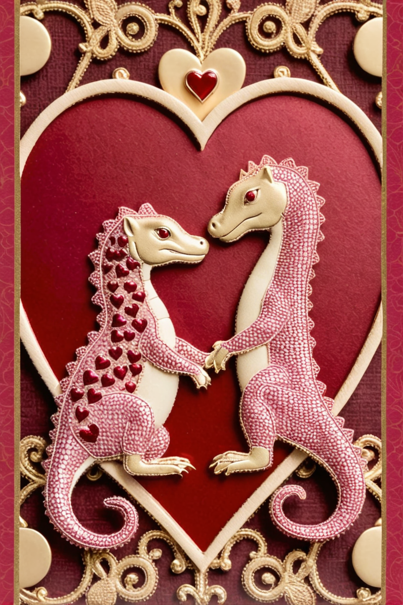 valentines day card, lace, hearts, border, two pink lizard people, scales, forked tongue, couple, love, masterpiece, intricate, red, gold, and cream colored details <lora:add-detail-xl:2>
