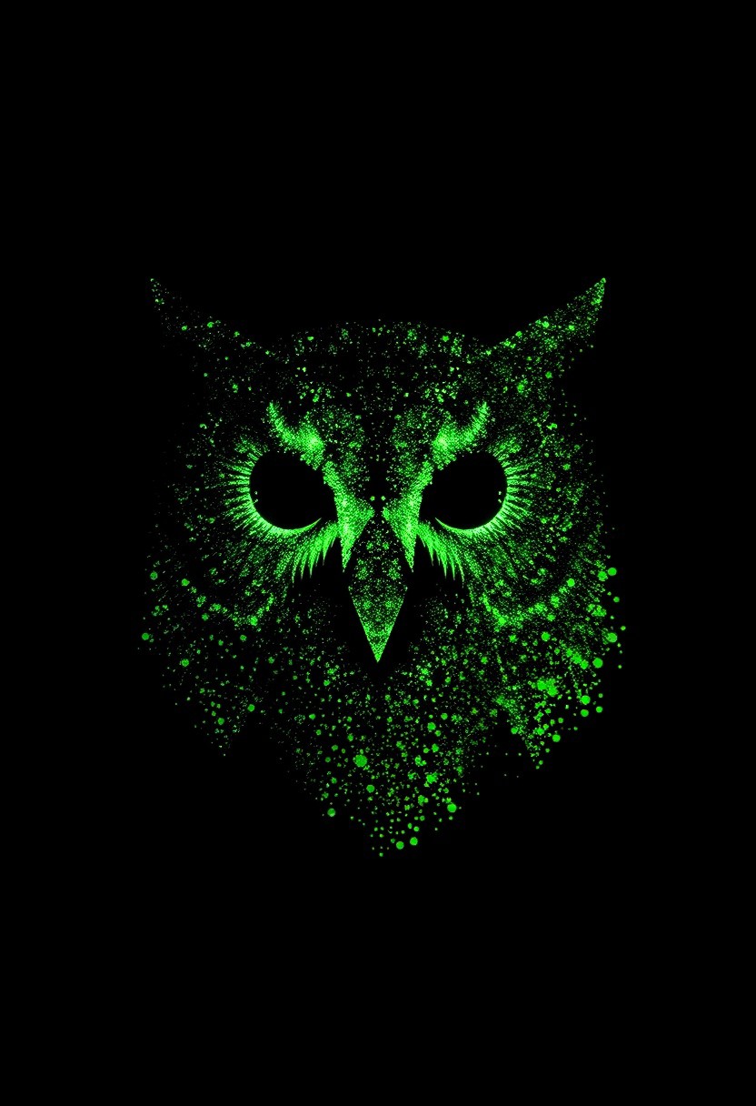 Minimalistic particle silhouette of an owl face close-up, composed of glowing green particles and digital noise. Simple and elegant, designed for icon-style usage. Soft glow dispersed light particles, subtle pixelation, and a smooth black background. High contrast, clean edges, and abstract form