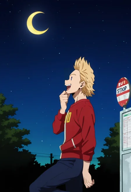 masterpiece, best quality, , anime screencap, anime coloring, official style, , 1boy, solo, male focus, <lora:mirio_toogata_ilxl:1>, mirio_toogata, blonde hair, blue eyes, short hair, spiked hair, , profile, bus stop, night, crescent moon, standing on one leg, laughing,