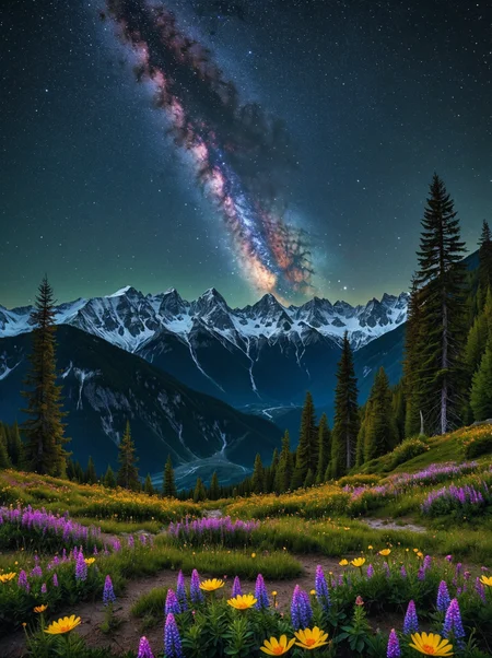 Breathtaking photography. A snowy mountain range. Starry night with a milky way. Colorful flowers in bloom in foreground.  Panoramic view of a dense, ancient forest  in background. Award-winning, professional, highly detailed.  <lora:MJ52:0.5> <lora:RMSDXL_Darkness_Cinema:1> (HDR (High Dynamic Range), vibrant colors, high contrast, detailed, UltraHD, 8K, cinematic, 80mm, high detail)