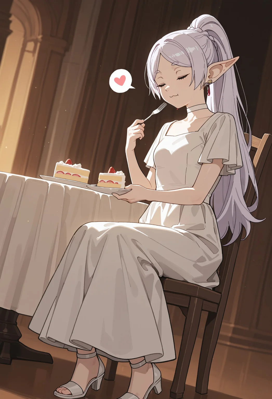 masterpiece, best quality, amazing quality, very aesthetic, absurdres, dynamic angle, ultra-detailed, highly detailed, cinematic lighting, realistic shading, BREAK
ballroom, sitting, holding fork, eating, strawberry shortcake, table, tablecloth, chair, spoken heart, :3, closed eyes,
BREAK
DanceFrieren, 1girl, elf, pointy ears, official alternate hairstyle, white hair, parted bangs, long hair, high ponytail, ponytail with braided base, green eyes, small breasts, earrings, official alternate costume, white choker, white evening gown, long dress, short sleeves, white block heels,