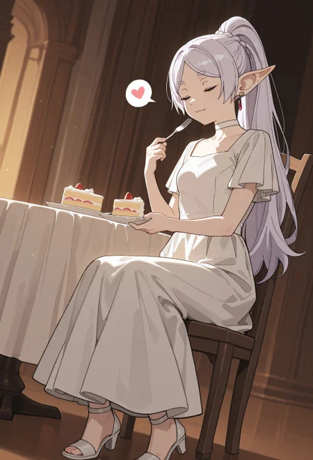 masterpiece, best quality, amazing quality, very aesthetic, absurdres, dynamic angle, ultra-detailed, highly detailed, cinematic lighting, realistic shading, BREAK
ballroom, sitting, holding fork, eating, strawberry shortcake, table, tablecloth, chair, spoken heart, :3, closed eyes,
BREAK
DanceFrieren, 1girl, elf, pointy ears, official alternate hairstyle, white hair, parted bangs, long hair, high ponytail, ponytail with braided base, green eyes, small breasts, earrings, official alternate costume, white choker, white evening gown, long dress, short sleeves, white block heels, 